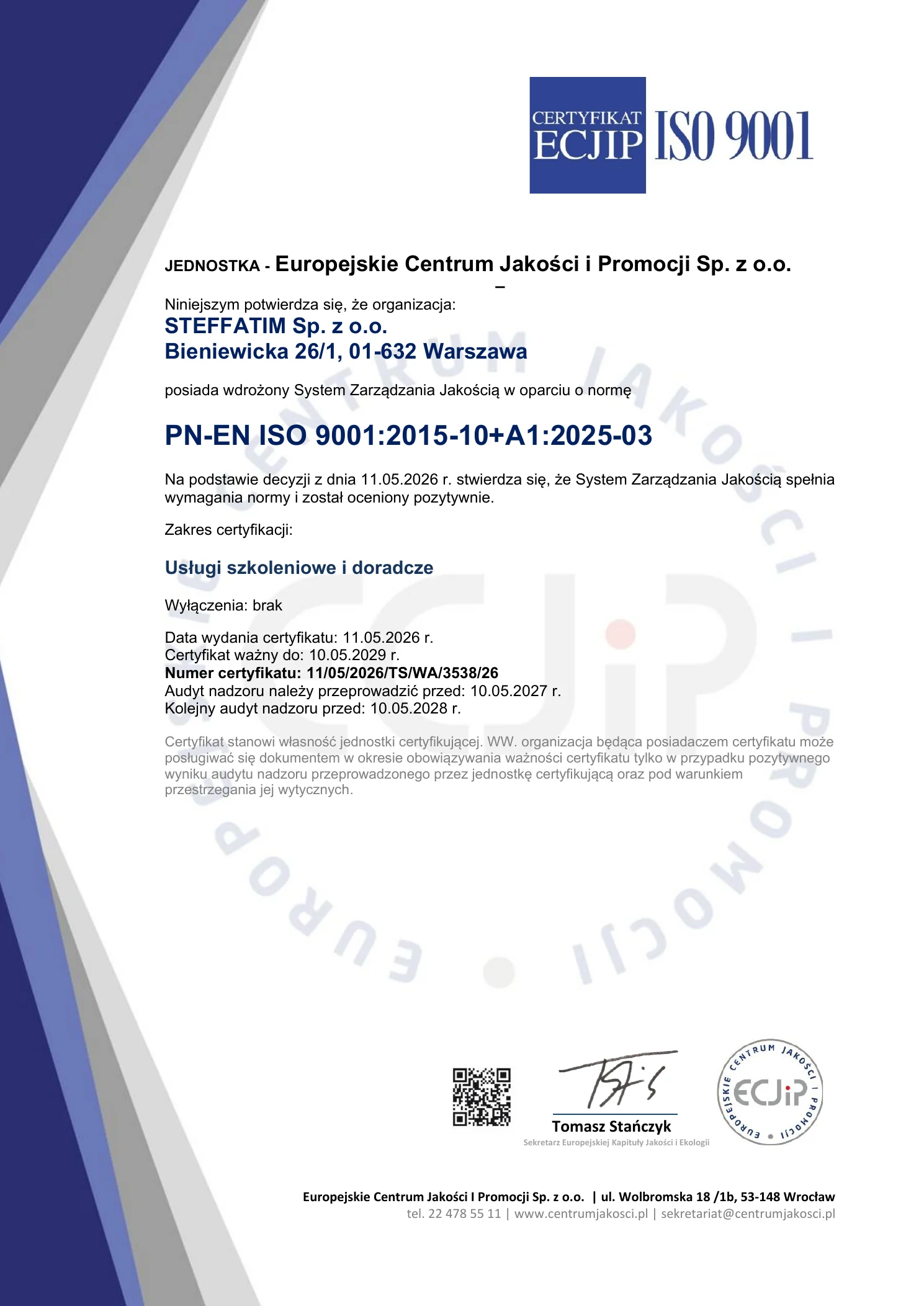 Certyfikat ISO 9001 STEFFATIM Sp. z o.o. wydany w 2026 roku