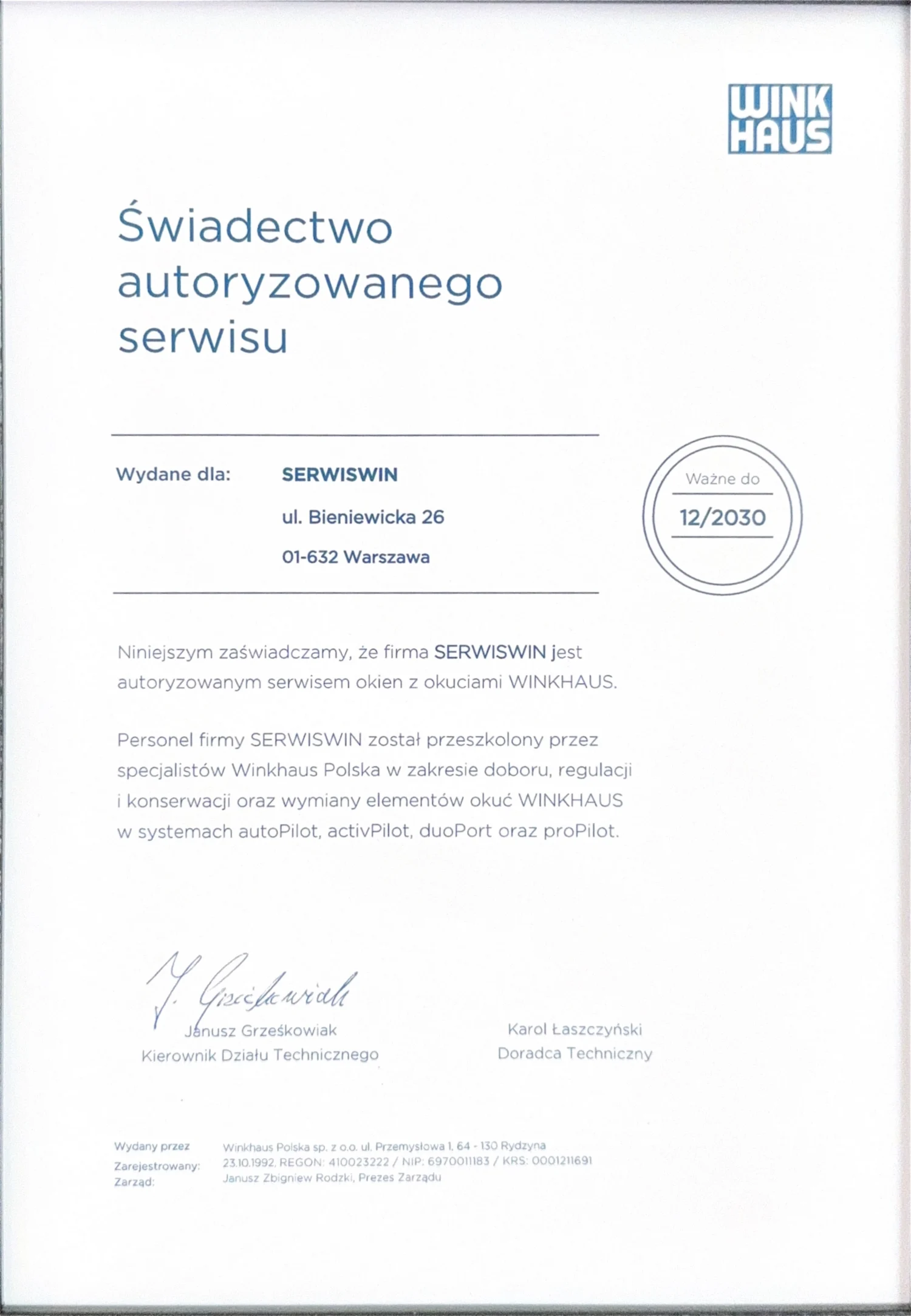 Świadectwo autoryzowanego serwisu Winkhaus dla SerwisWin ważne do 12/2030